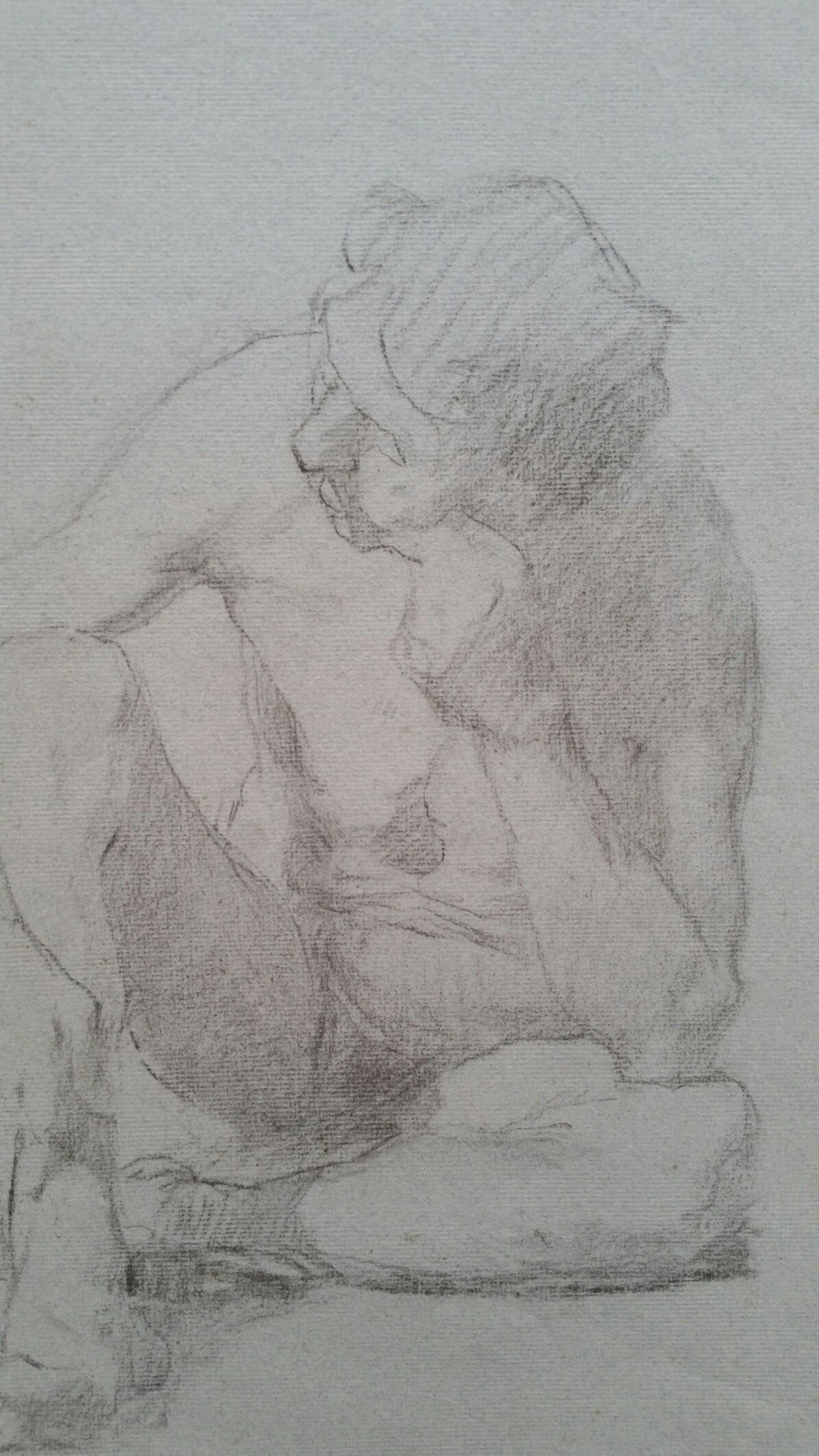Esquisse de portrait au graphite d'un homme assis - Gris Nude Painting par Unknown
