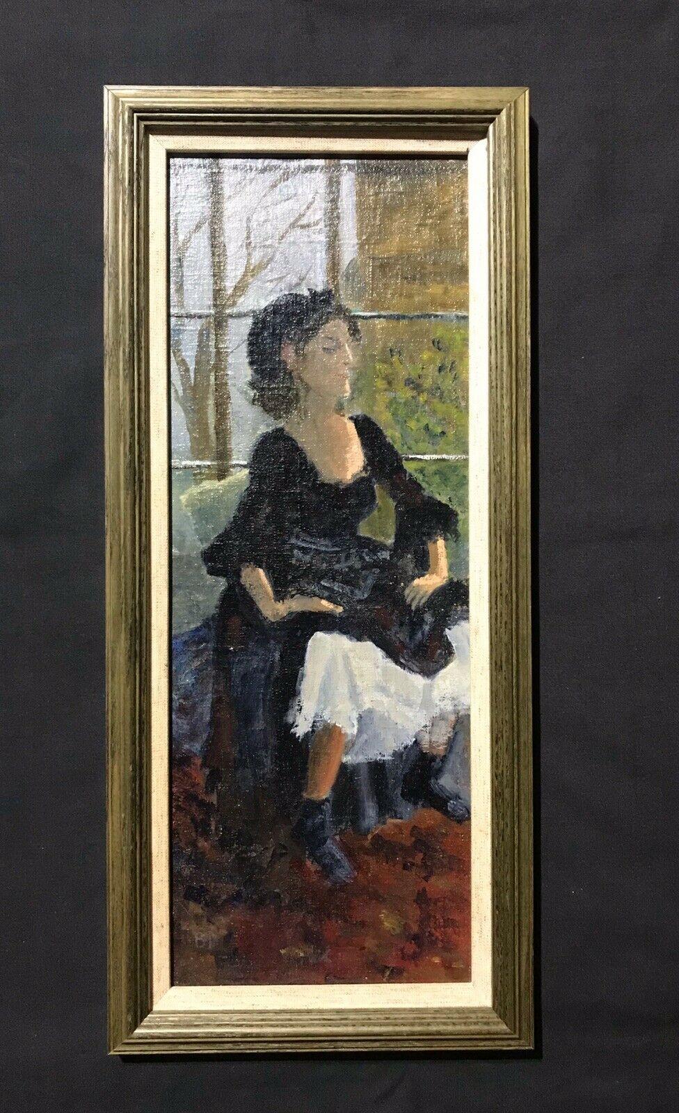 ENGLISH IMPRESSIONIST OIL - LADY IN OLD FASHIONED DRESS SEATED IN WINDOW SILL - Painting by Unknown