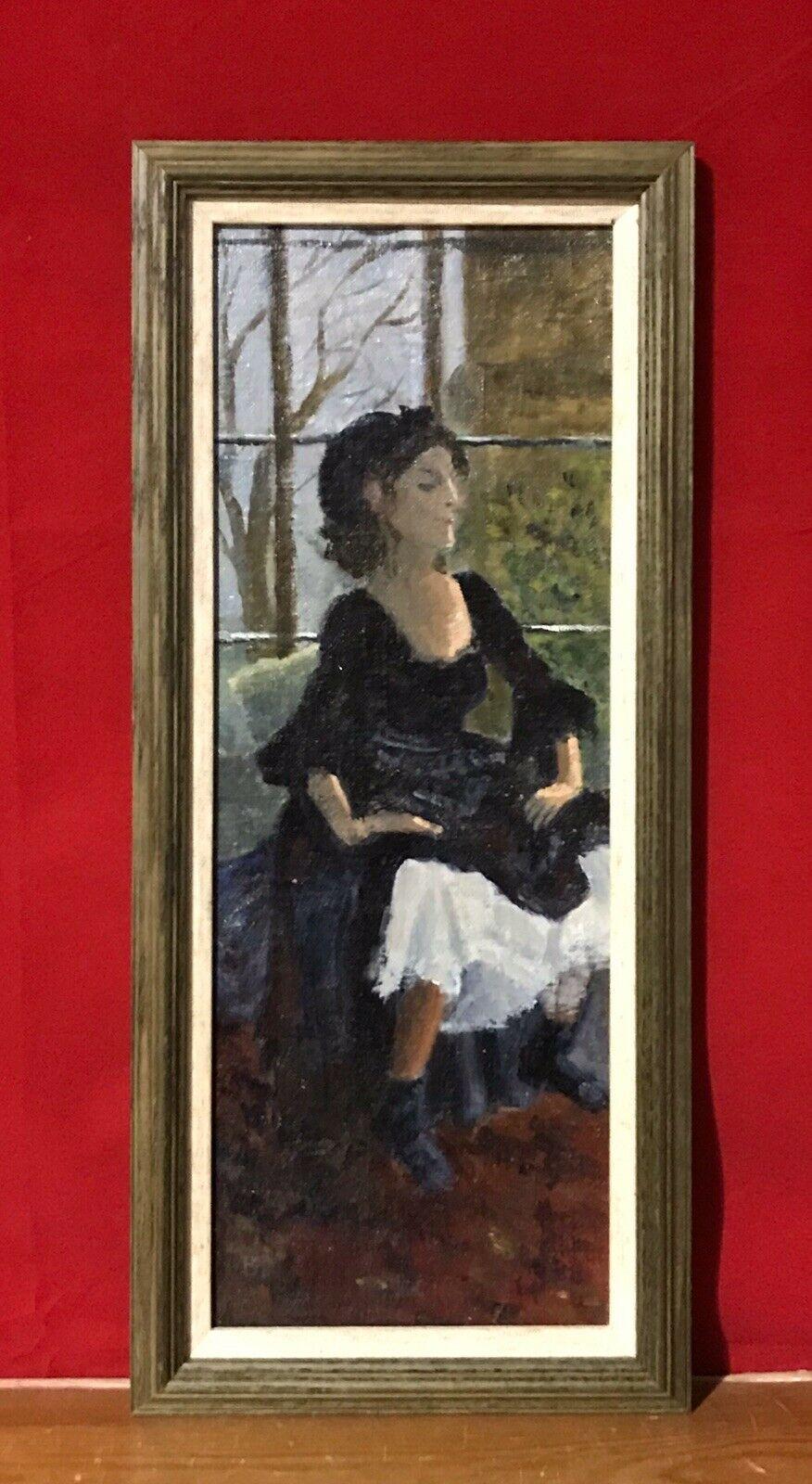 ENGLISH IMPRESSIONIST OIL - LADY IN OLD FASHIONED DRESS SEATED IN WINDOW SILL - Abstract Painting by Unknown