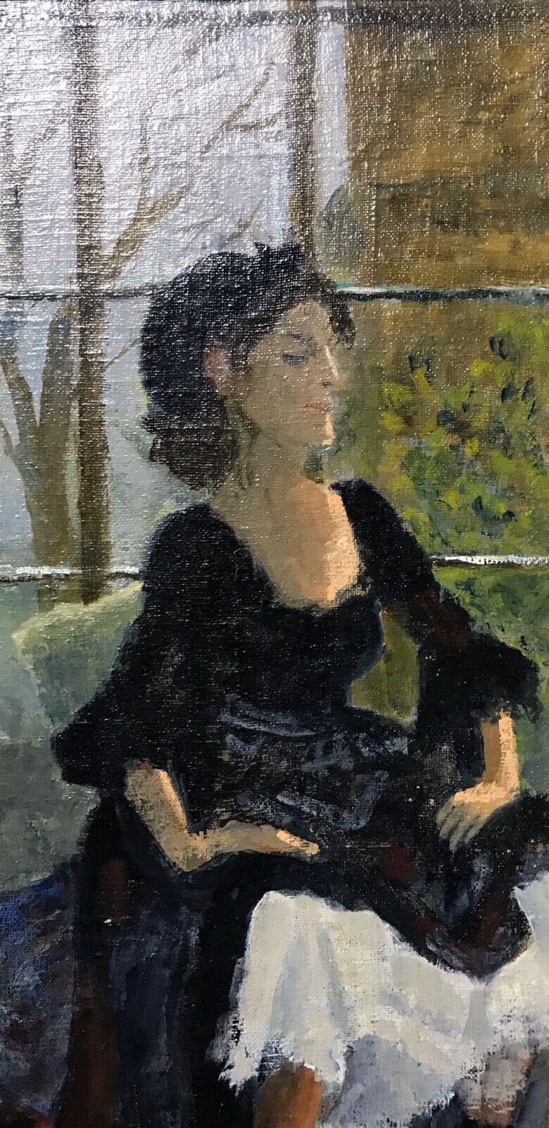 ENGLISH IMPRESSIONIST OIL - LADY IN OLD FASHIONED DRESS SEATED IN WINDOW SILL - Black Figurative Painting by Unknown