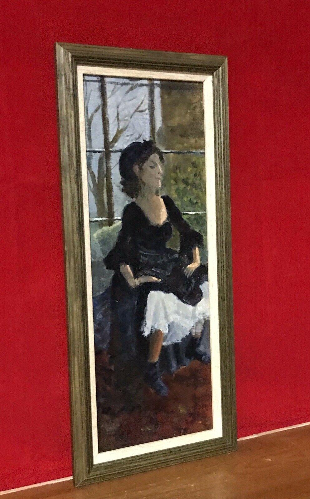 ENGLISH IMPRESSIONIST OIL - LADY IN OLD FASHIONED DRESS SEATED IN WINDOW SILL 2
