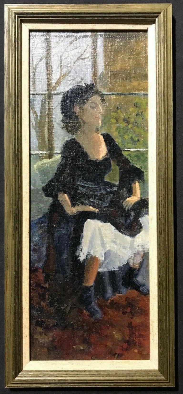 Unknown Figurative Painting - ENGLISH IMPRESSIONIST OIL - LADY IN OLD FASHIONED DRESS SEATED IN WINDOW SILL