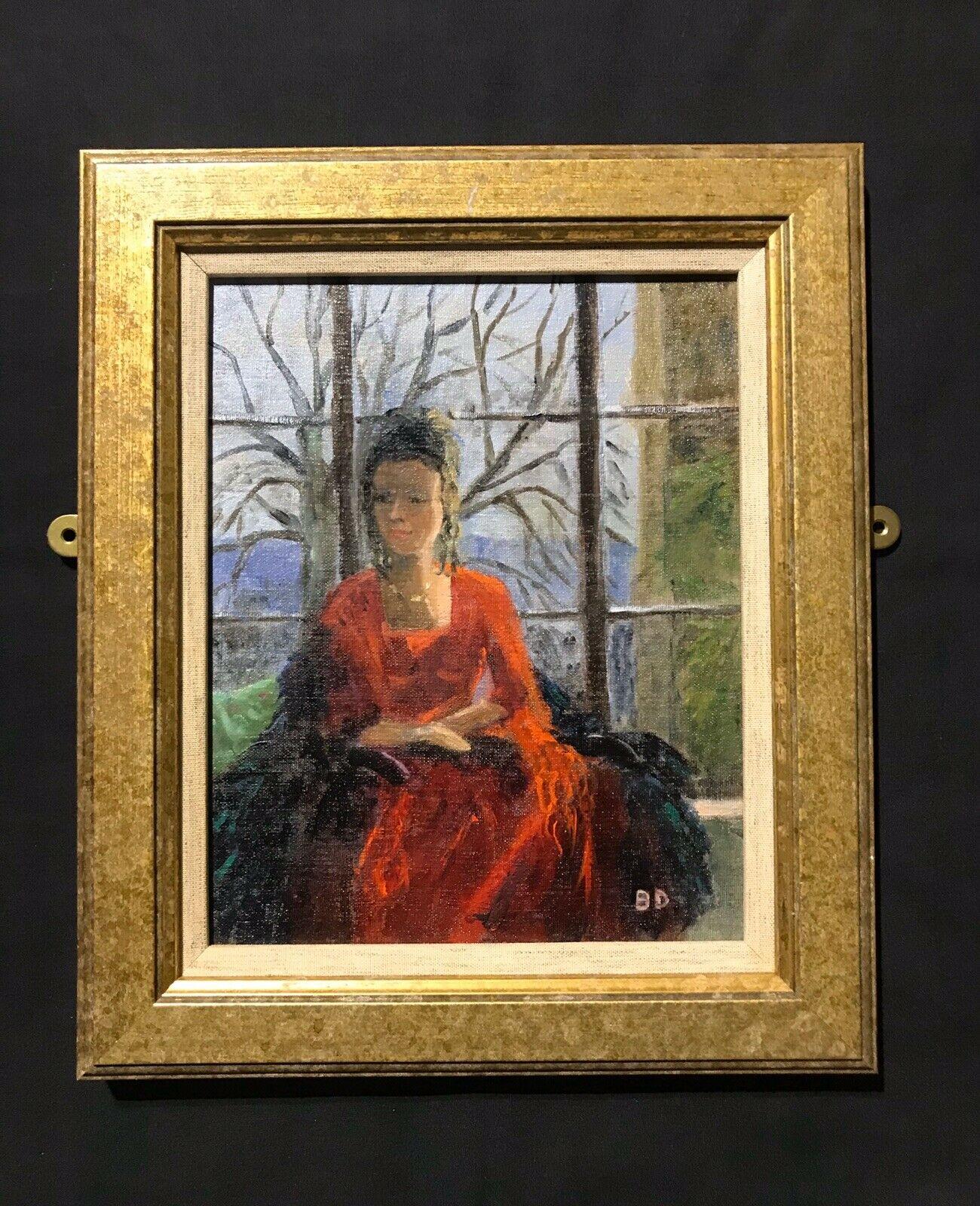 ENGLISH IMPRESSIONIST SIGNED OIL - LADY SEATED IN WINDOW SEAT LANDSCAPE BEYOND - Painting by Unknown