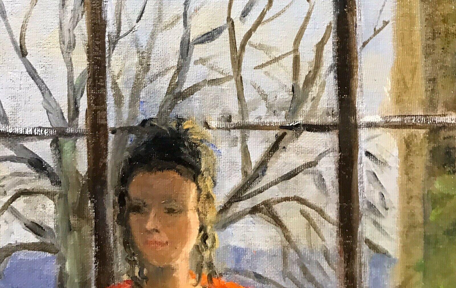 ENGLISH IMPRESSIONIST SIGNED OIL - LADY SEATED IN WINDOW SEAT LANDSCAPE BEYOND - Abstract Painting by Unknown