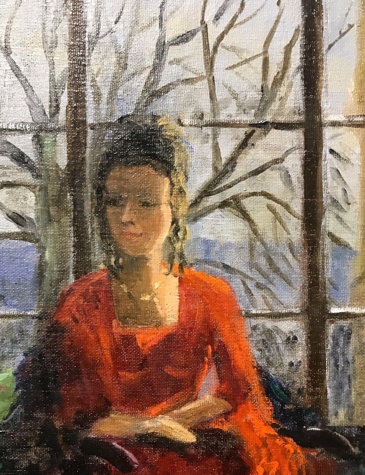 ENGLISH IMPRESSIONIST SIGNED OIL - LADY SEATED IN WINDOW SEAT LANDSCAPE BEYOND - Black Figurative Painting by Unknown