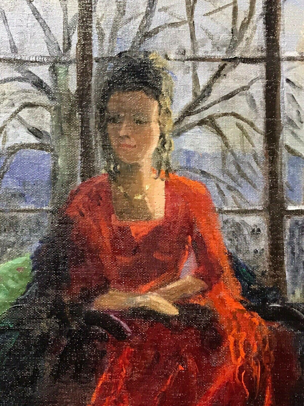 ENGLISH IMPRESSIONIST SIGNED OIL - LADY SEATED IN WINDOW SEAT LANDSCAPE BEYOND For Sale 1