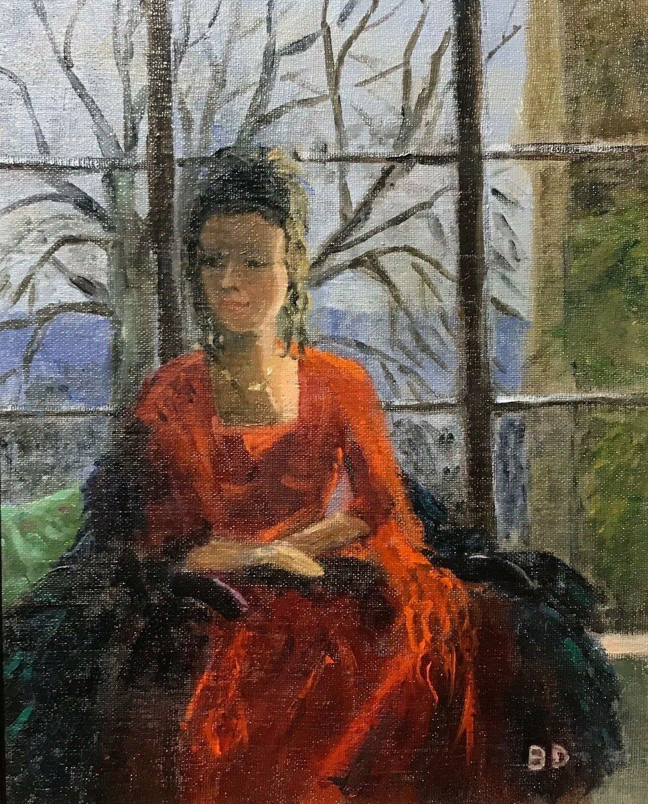 ENGLISH IMPRESSIONIST SIGNED OIL - LADY SEATED IN WINDOW SEAT LANDSCAPE BEYOND
