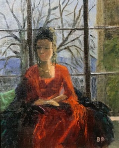 Vintage ENGLISH IMPRESSIONIST SIGNED OIL - LADY SEATED IN WINDOW SEAT LANDSCAPE BEYOND