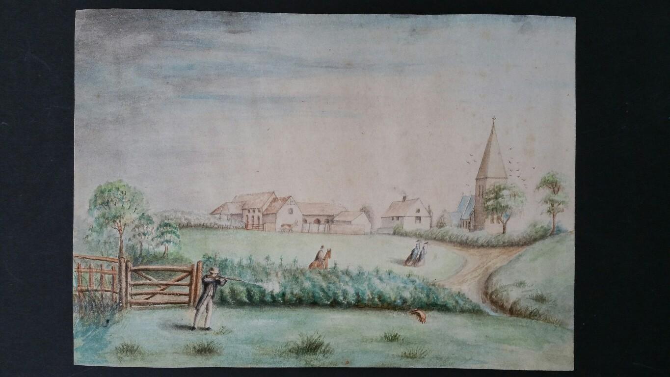 English Mid 19th Century Shooting Watercolour with Historical Notes - Painting by Unknown