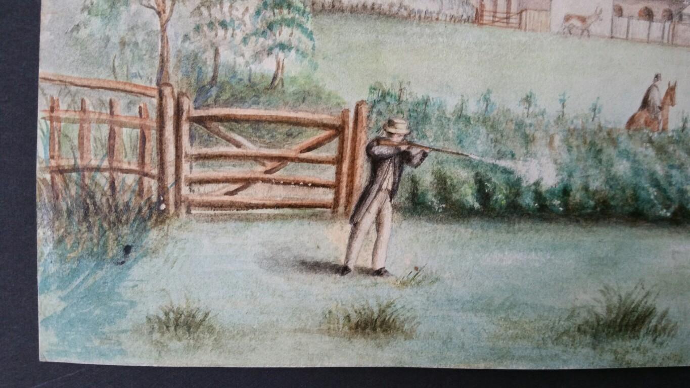 English Mid 19th Century Shooting Watercolour with Historical Notes - Victorian Painting by Unknown