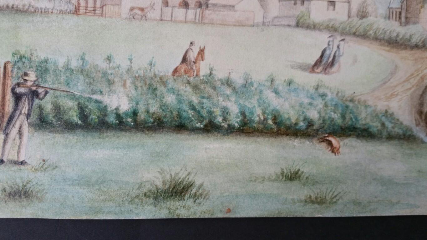 Englisches Shooting-Aquarell mit historischen Anmerkungen aus der Mitte des 19. Jahrhunderts (Grau), Landscape Painting, von Unknown