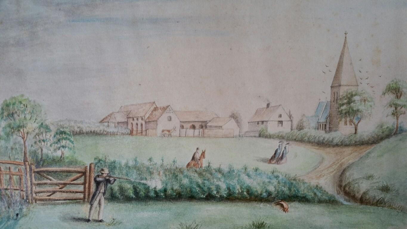 Aquarelle anglaise du milieu du XIXe siècle représentant une chasse, avec notes historiques