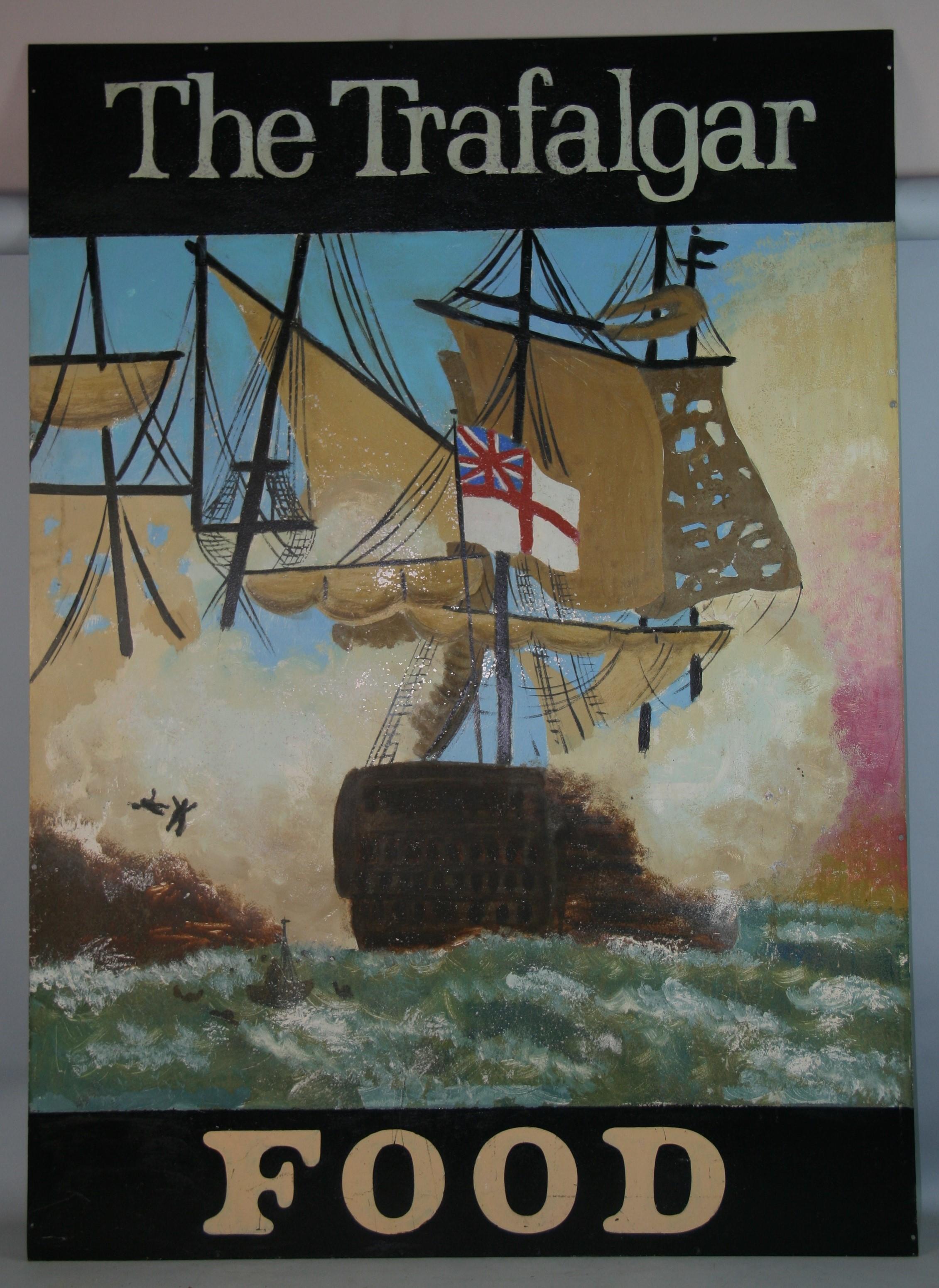 Unknown Landscape Painting - English Naval Battle "The Trafalgar" Painted Oversize Metal Restaurant  Sign