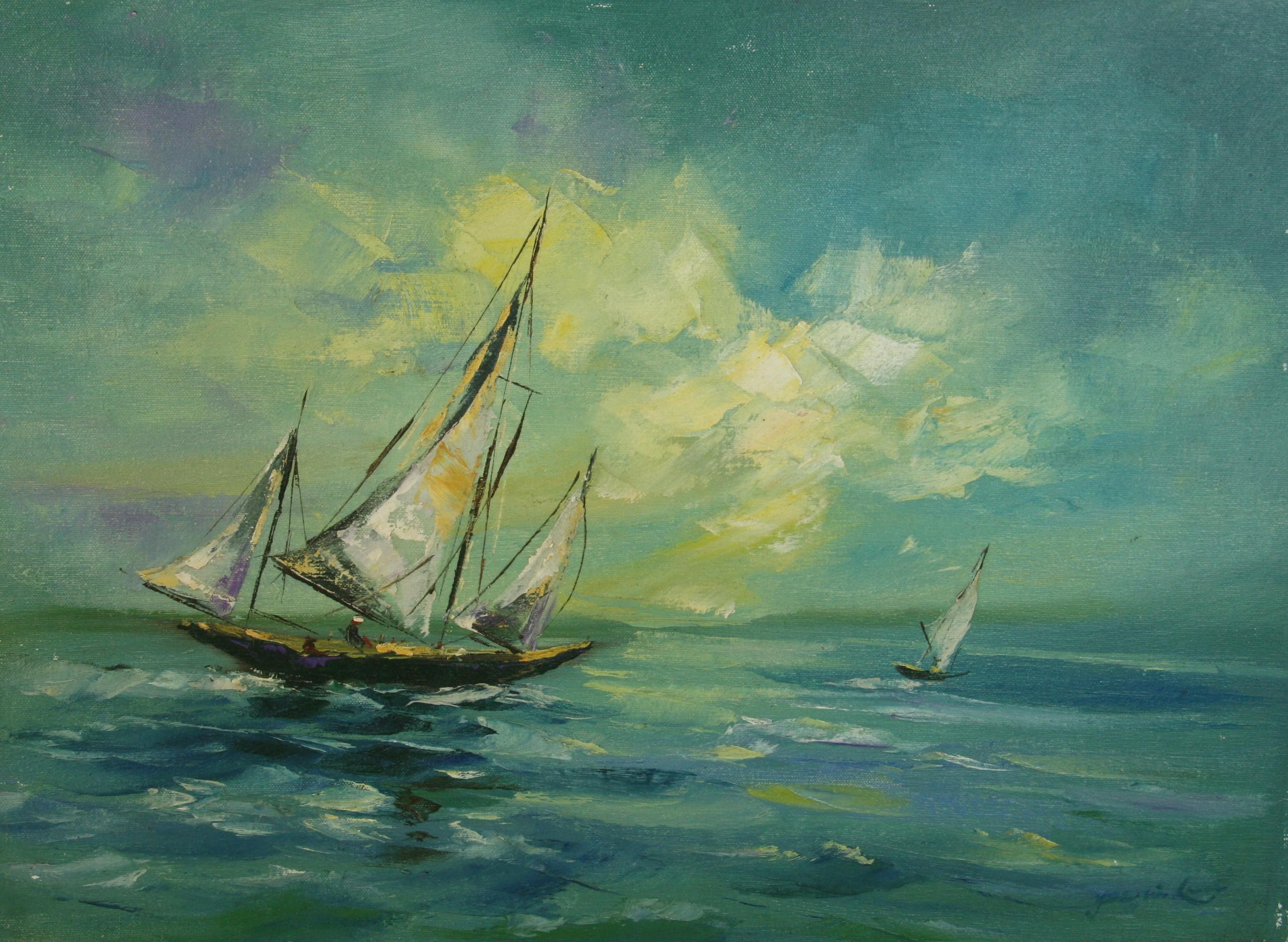 English Painting Sailing into The Wind - Gray Landscape Painting by Unknown