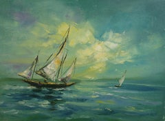 Vintage English Painting Sailing into The Wind