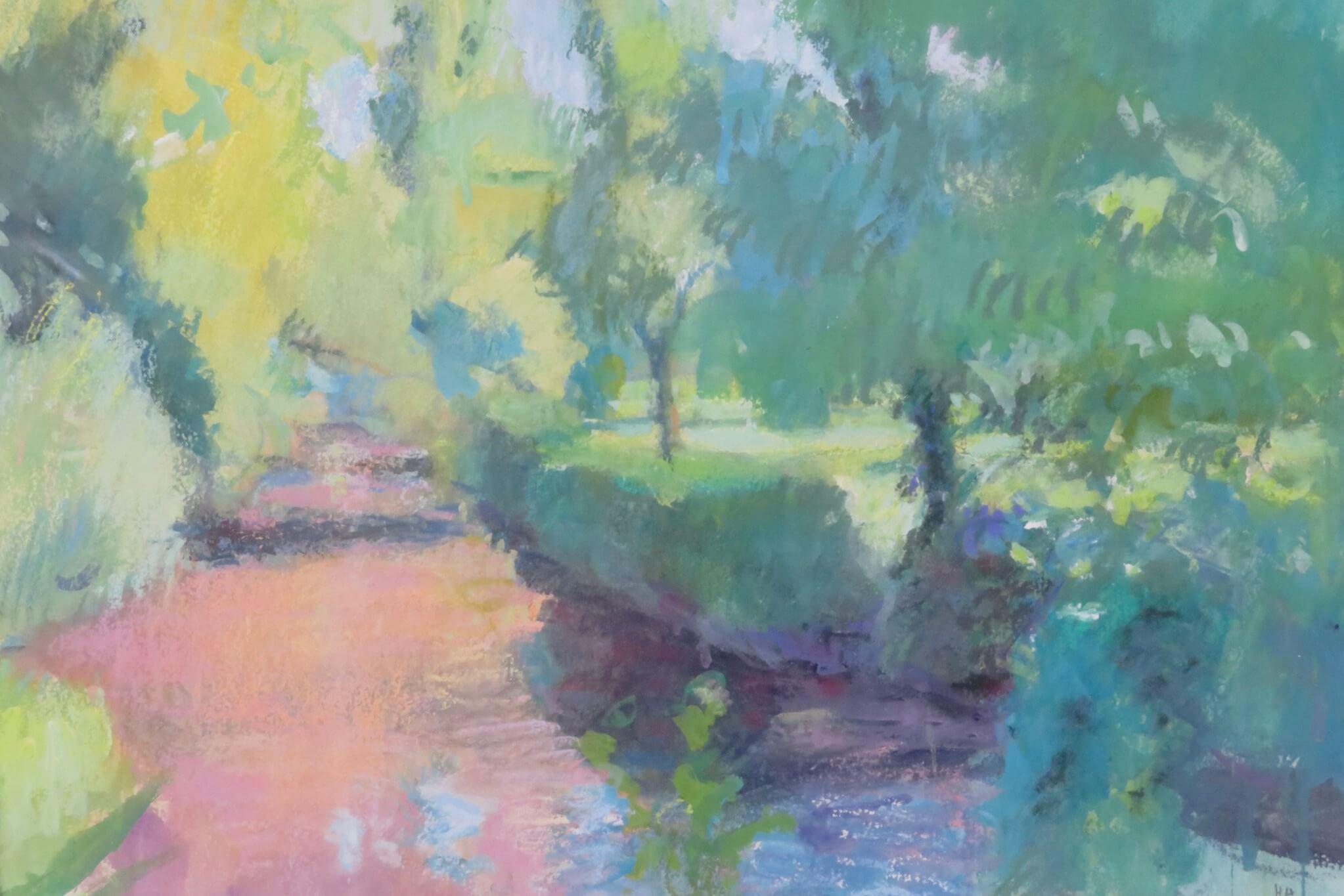 English Post Impressionist 20thC painting SUMMER RIVERBANK indistinctly signed - Post-Impressionist Painting by Unknown