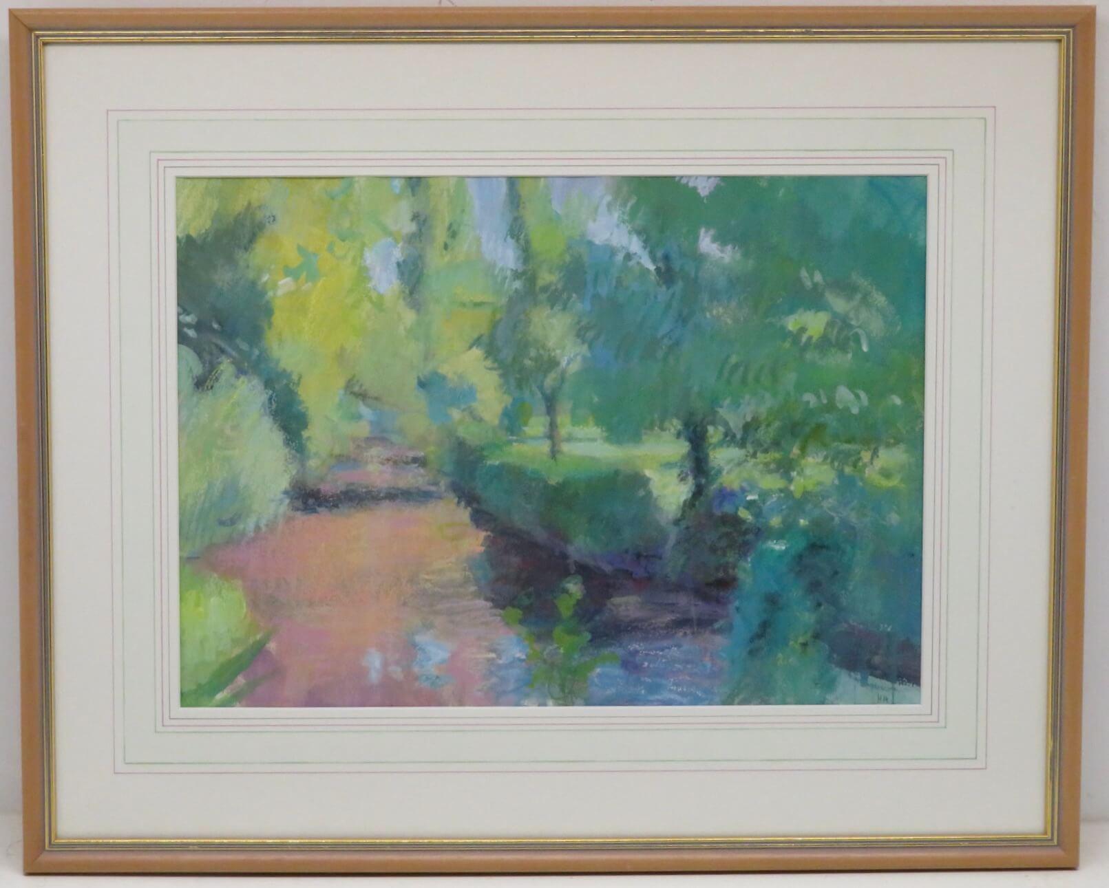 Landscape Painting Unknown - Peinture anglaise post-impressionniste du 20e siècle SUMMER RIVERBANK signée de manière indistincte