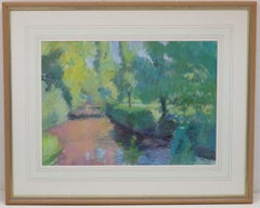 Vintage English Post Impressionist 20thC painting SUMMER RIVERBANK indistinctly signed