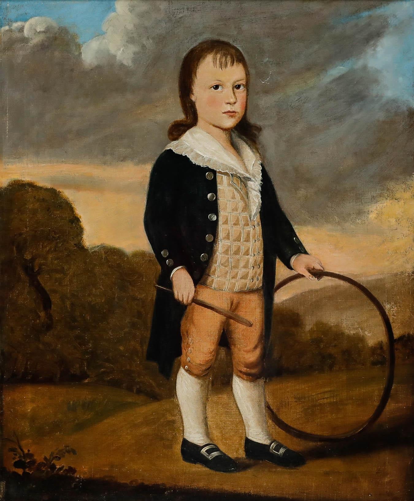 English School 18th Century Oil - Boy with A Hoop - Painting by Unknown