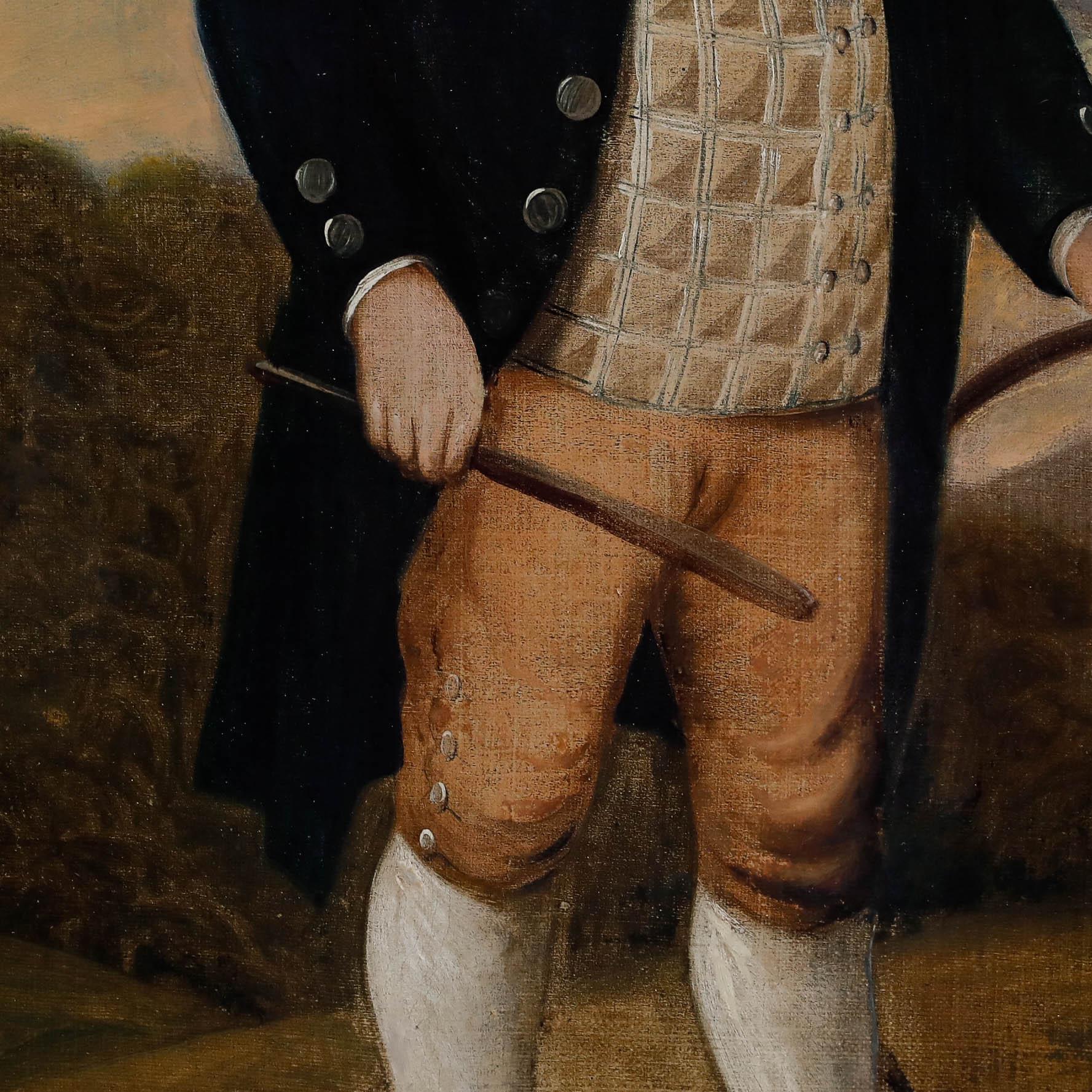 This 18th century portrait depicts a young child in formal attire standing in a pastoral landscape, holding a hoop toy. The composition juxtaposes the subject's rigid pose and ornate clothing against the soft, golden light of the rural background,
