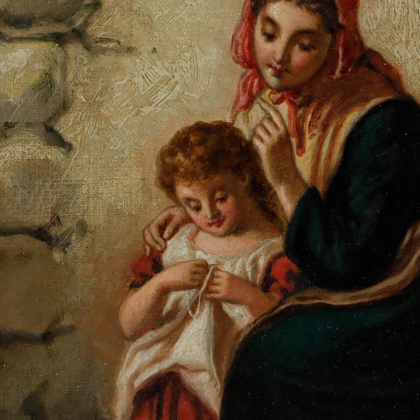 Encantador óleo del siglo XIX que representa un tierno momento entre madre e hijo. Las suaves pinceladas y la iluminación dorada crean una sensación de calidez y nostalgia, mientras que las mejillas sonrosadas de los sujetos añaden una cualidad