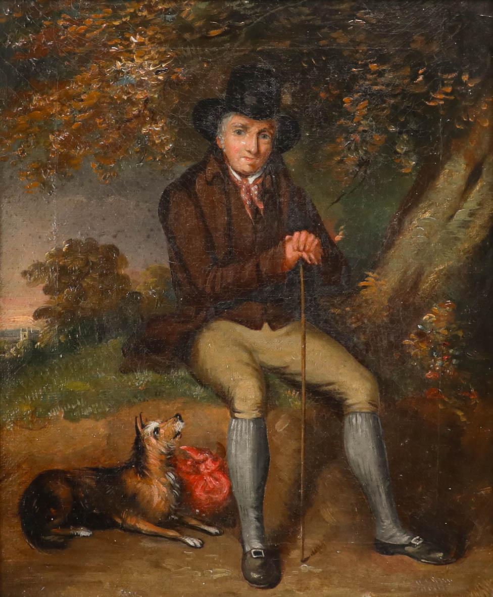 English School 19th Century Oil - A Gentleman and his Terrier - Painting by Unknown