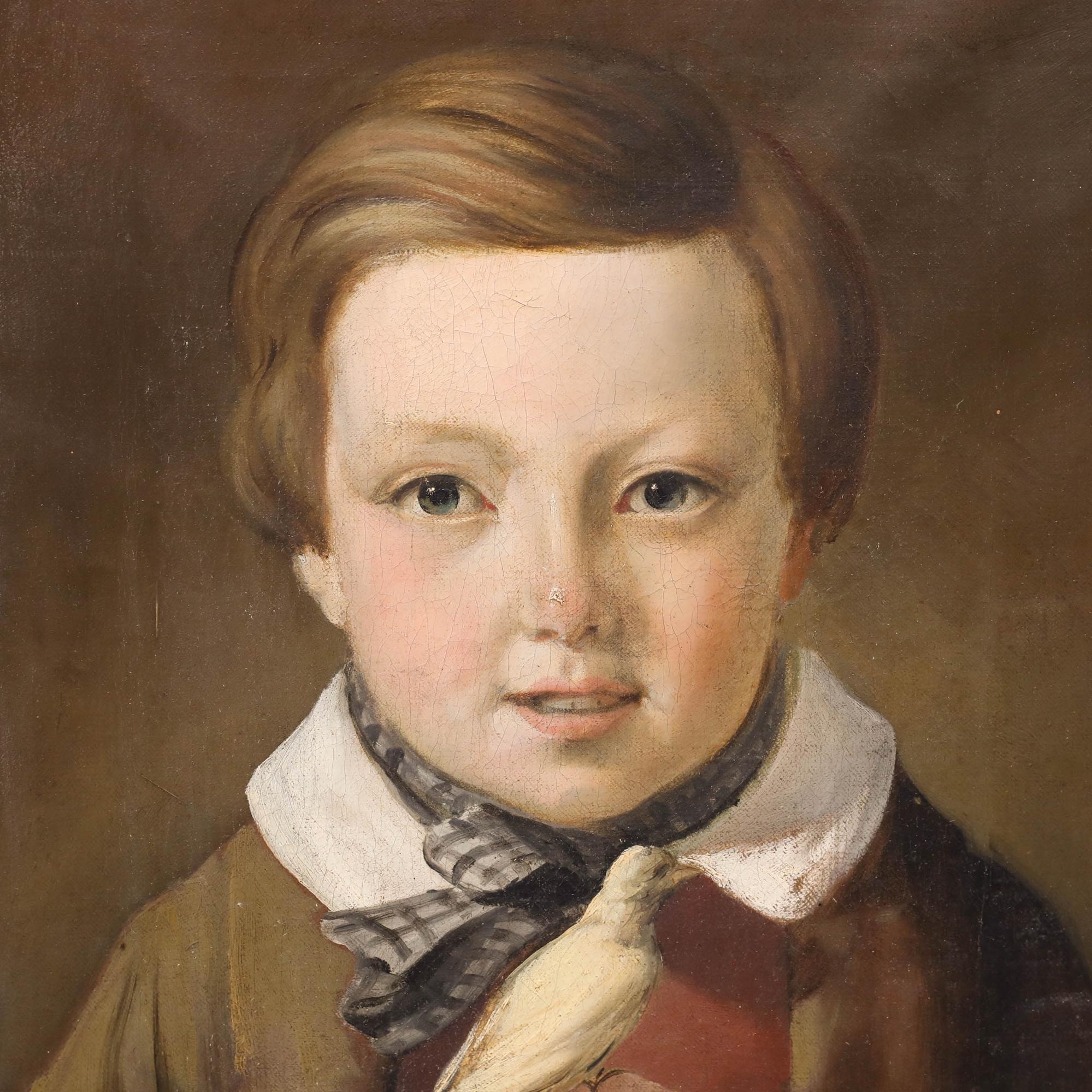 English School Siglo XIX Óleo - Niño y su pájaro canario - Portrait Painting Marrón de Unknown