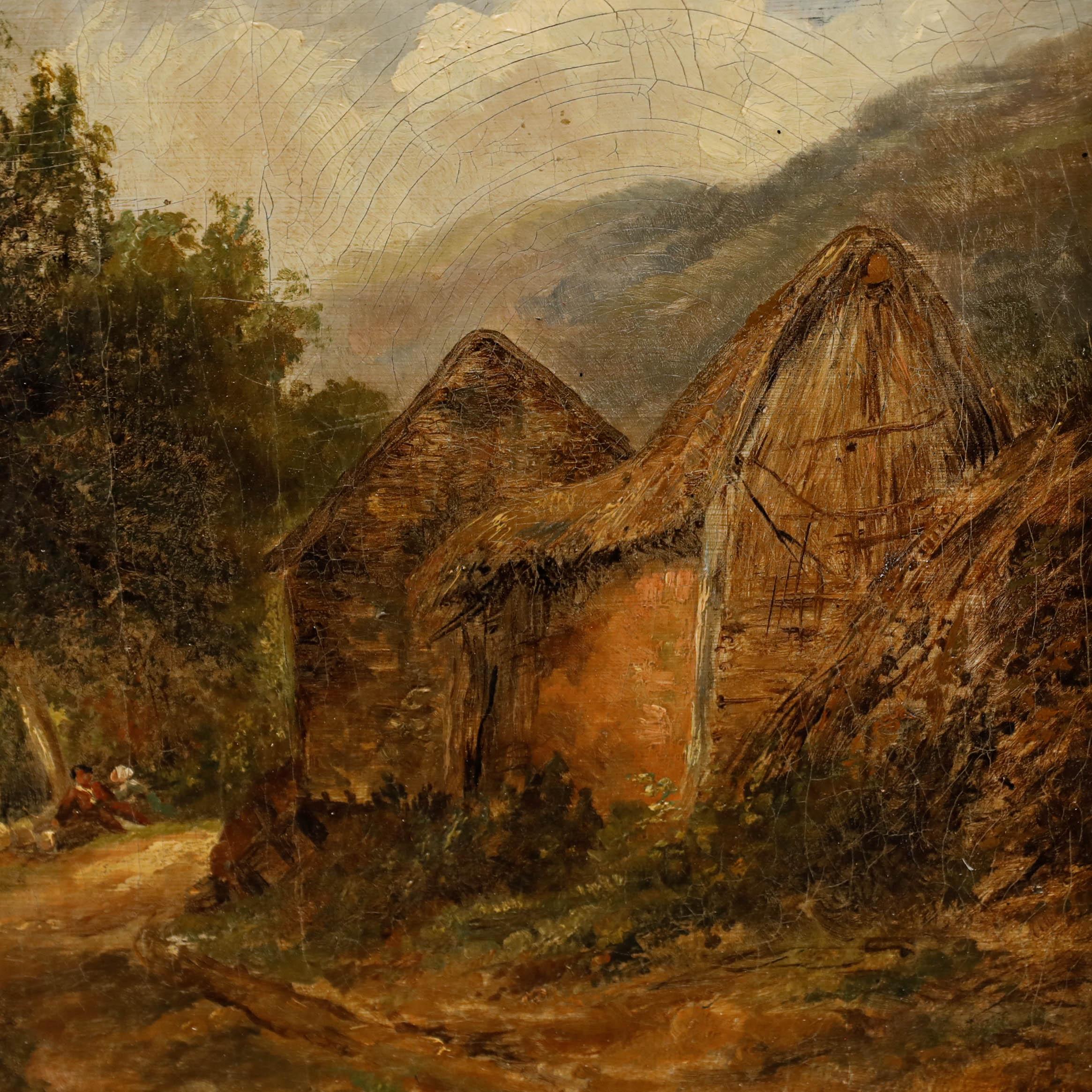 Questo suggestivo dipinto di paesaggio raffigura una scena rurale con casette di paglia immerse tra alberi rigogliosi lungo un tortuoso sentiero sterrato. L'artista cattura abilmente il gioco di luci e ombre, creando un senso di profondità e