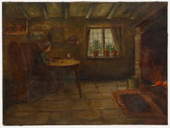 Antique English School 19th Century Oil - Cottage Interior