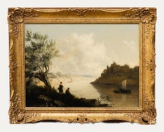 English School  19th Century Oil - Fishing Before the Castle Ruins