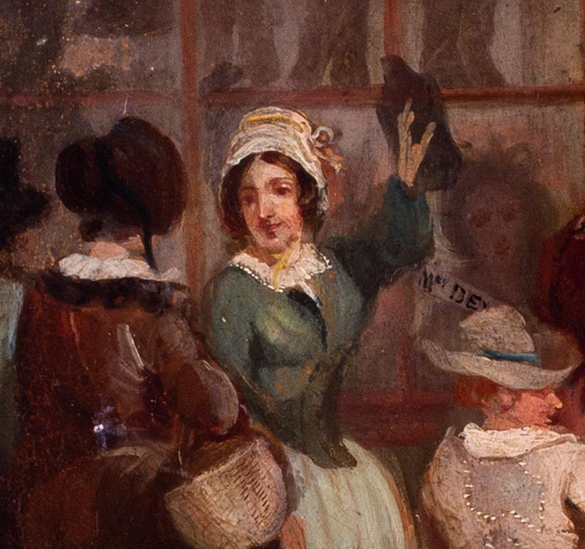 English School, 19th Century oil painting 'A busy shoe shop' - Brown Figurative Painting by Unknown