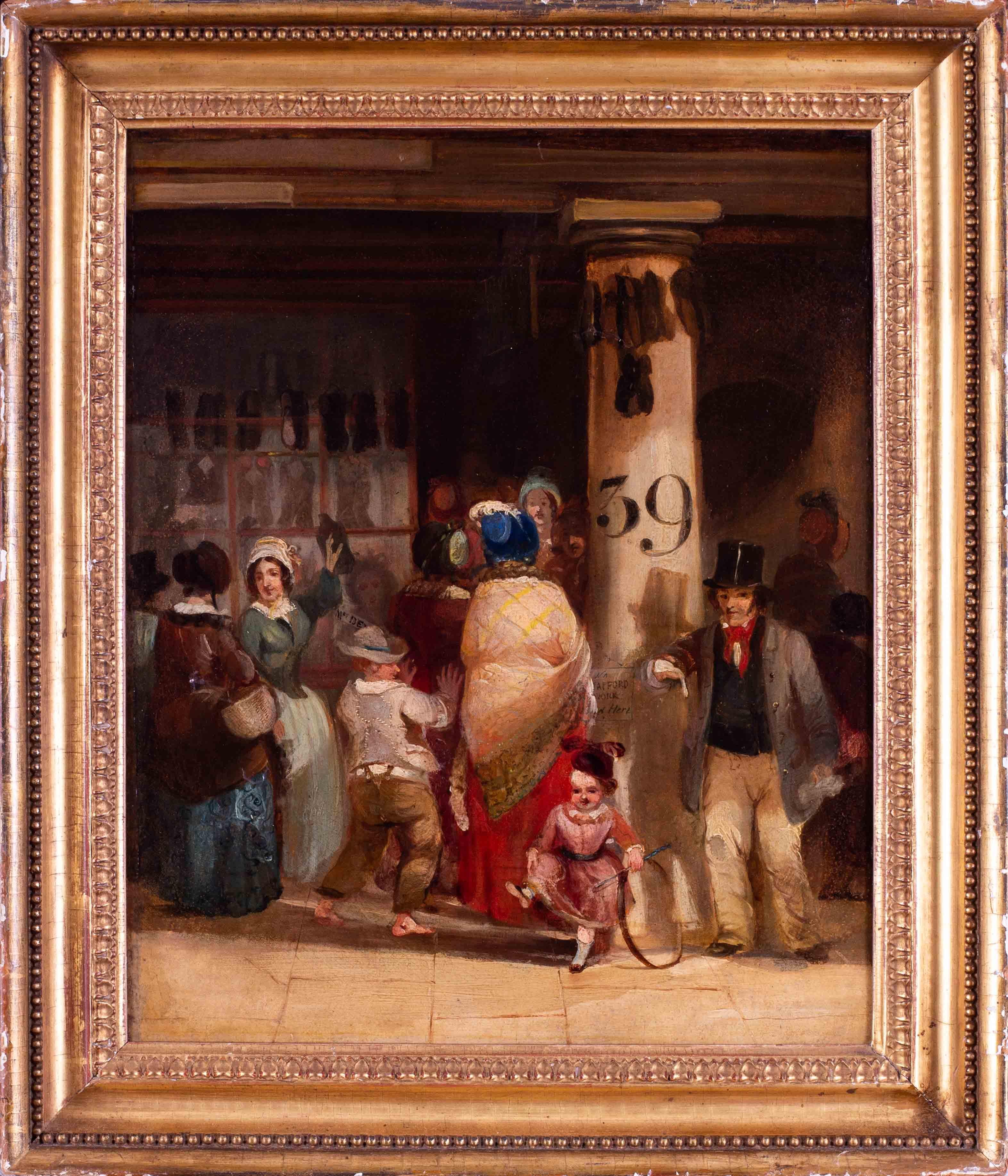 Unknown Figurative Painting - English School, 19th Century oil painting 'A busy shoe shop'