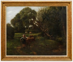English School 19th Century Oil - Pastoral Landscape with Milkmaid Beside Cattle