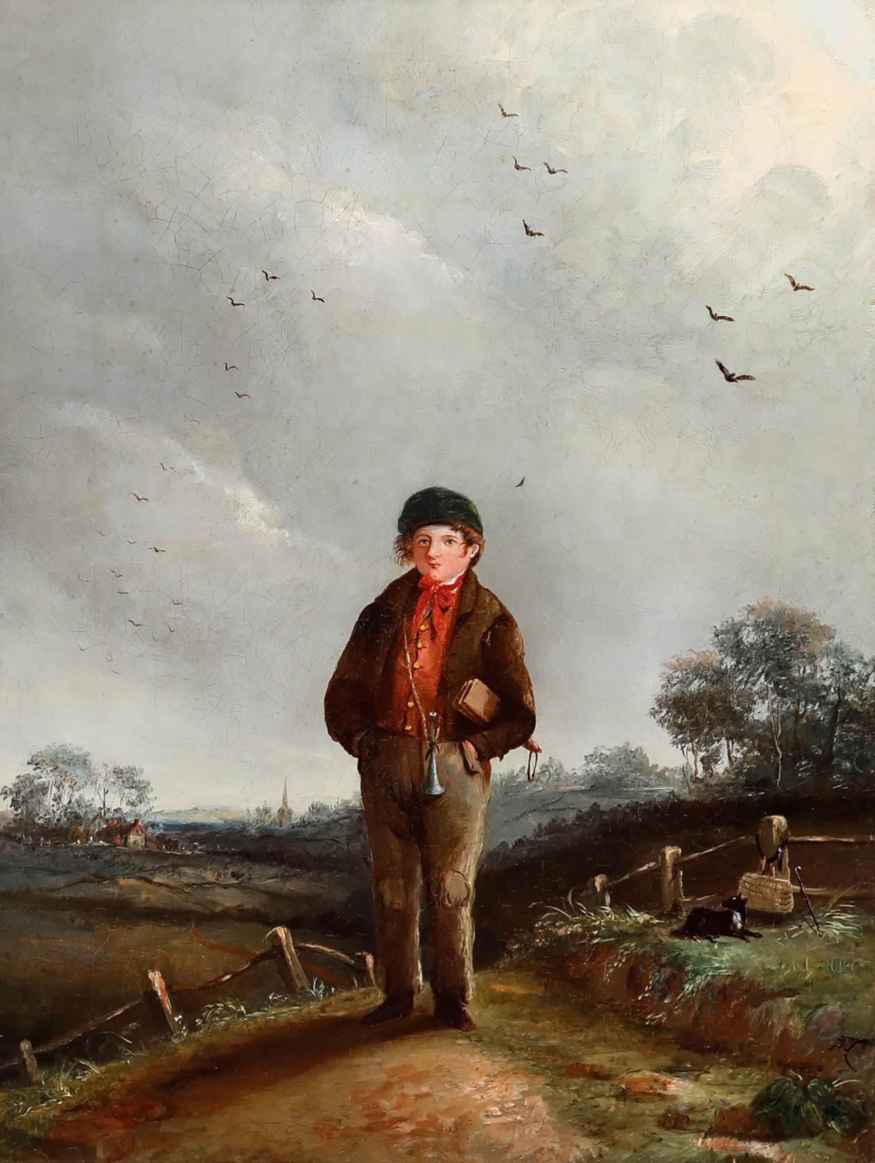 English School 19th Century Oil - Portrait of a Farm Boy with Rattle - Painting by Unknown