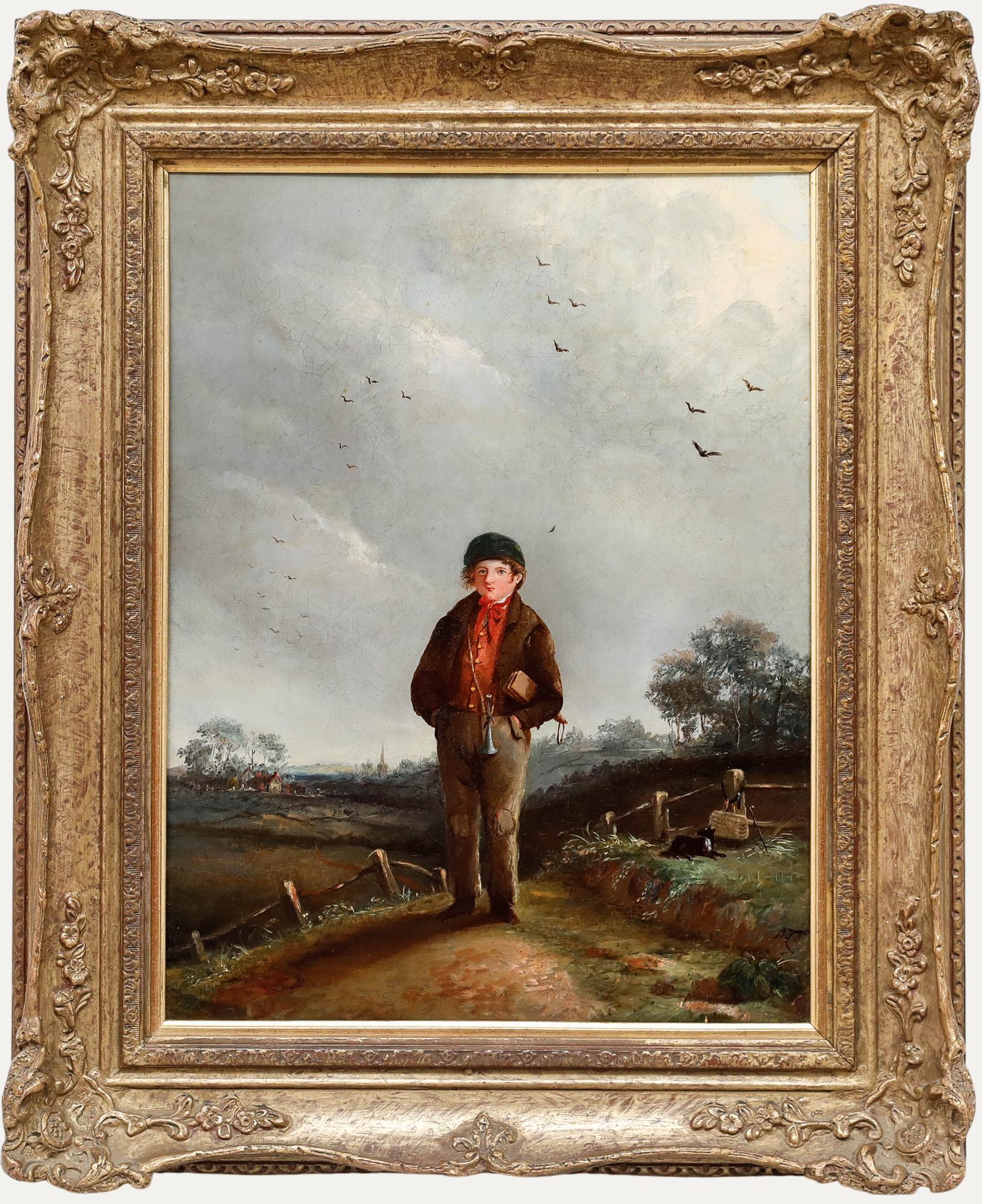 Unknown Portrait Painting - English School 19th Century Oil - Portrait of a Farm Boy with Rattle