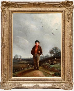 English School 19th Century Oil - Portrait of a Farm Boy with Rattle