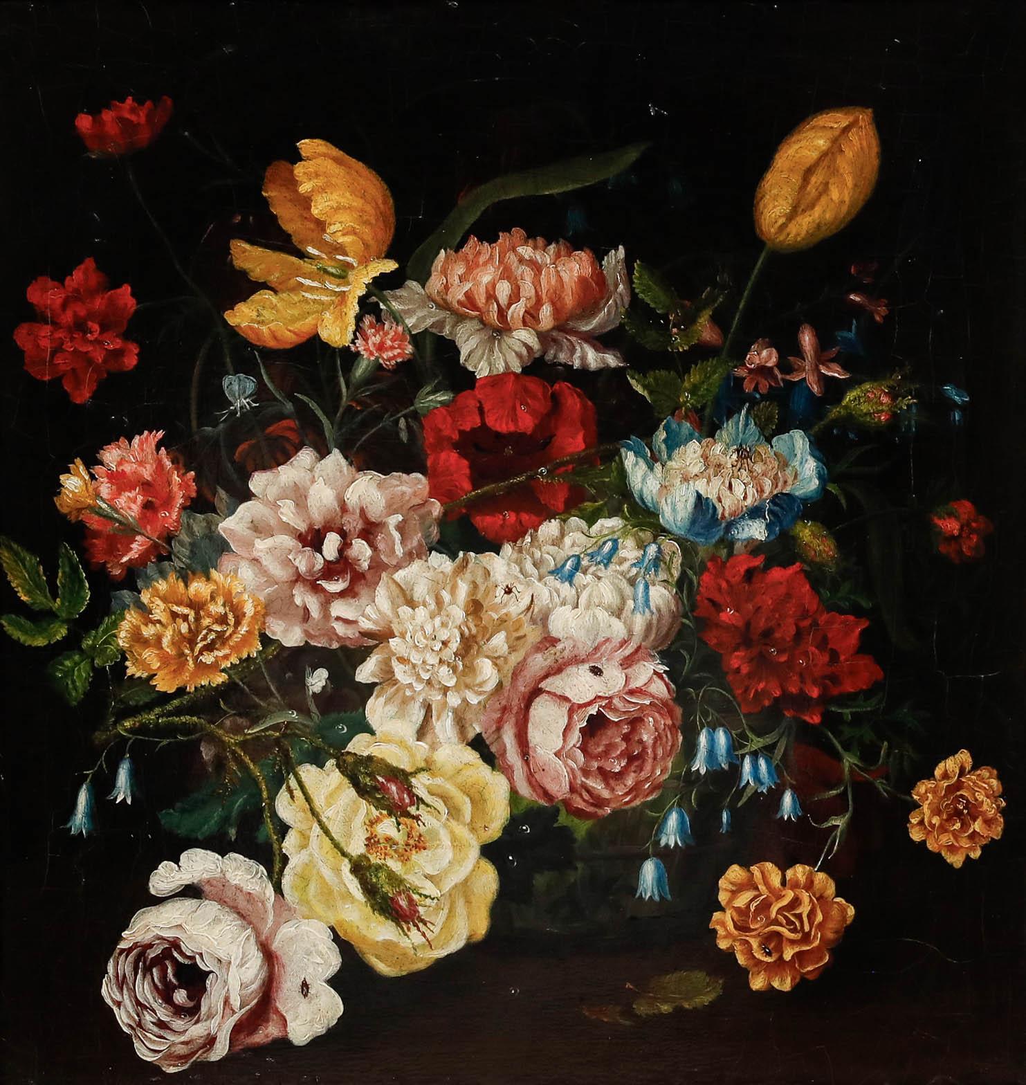 Olio di English School del XIX secolo - Natura morta di tulipani e peonie - Painting di Unknown