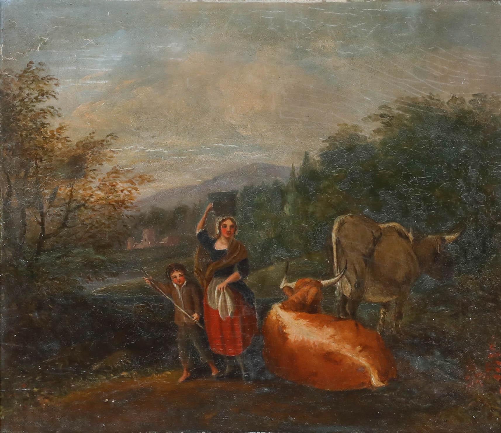 English School 19th Century Oil - Tending to the Cows - Painting by Unknown