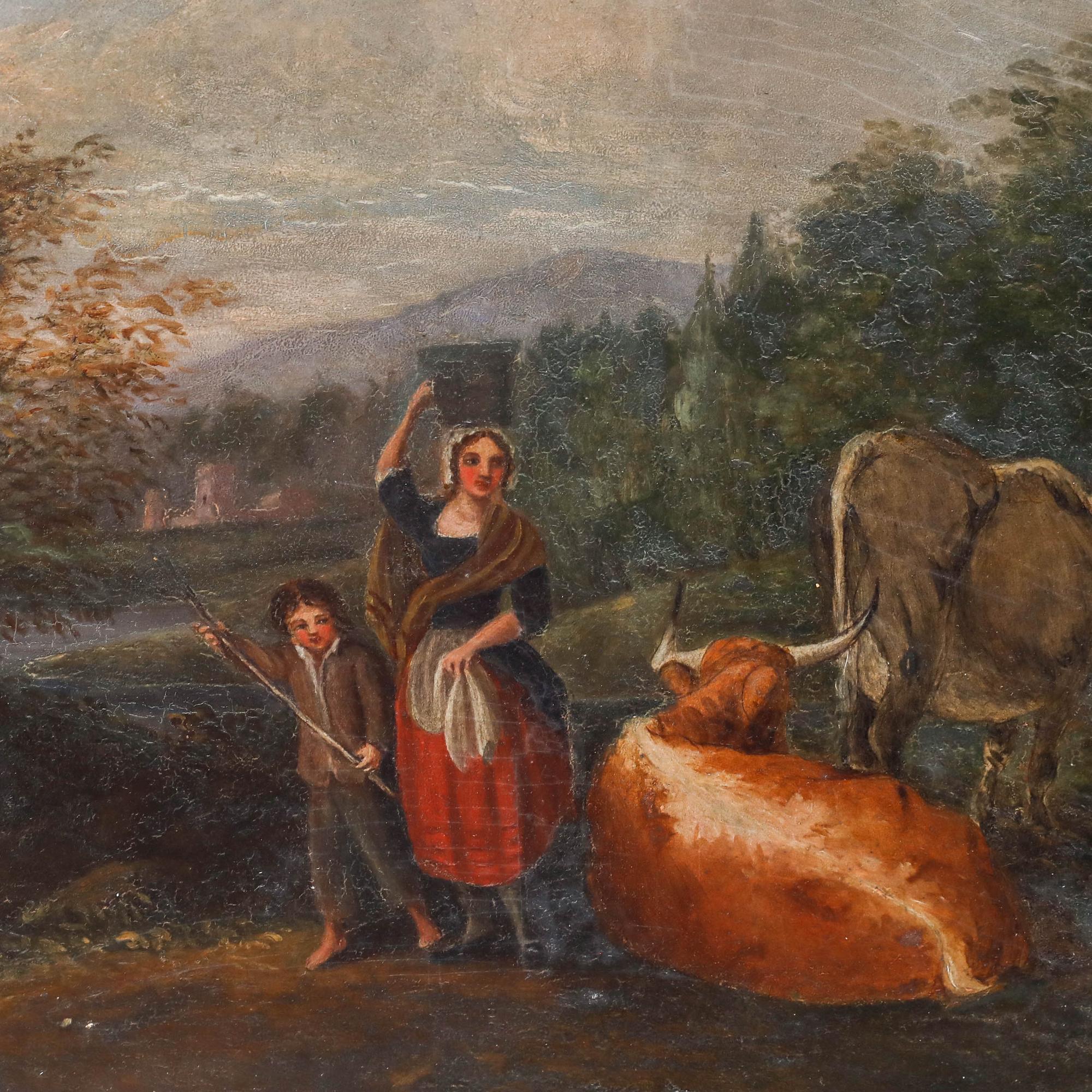 A delightful 19th-century English school oil depicting everyday rural life. Figures can be seen tending to cattle, set against a backdrop of rolling hills and a cloudy sky. Unsigned. Presented in a thick gilt frame. On panel. 