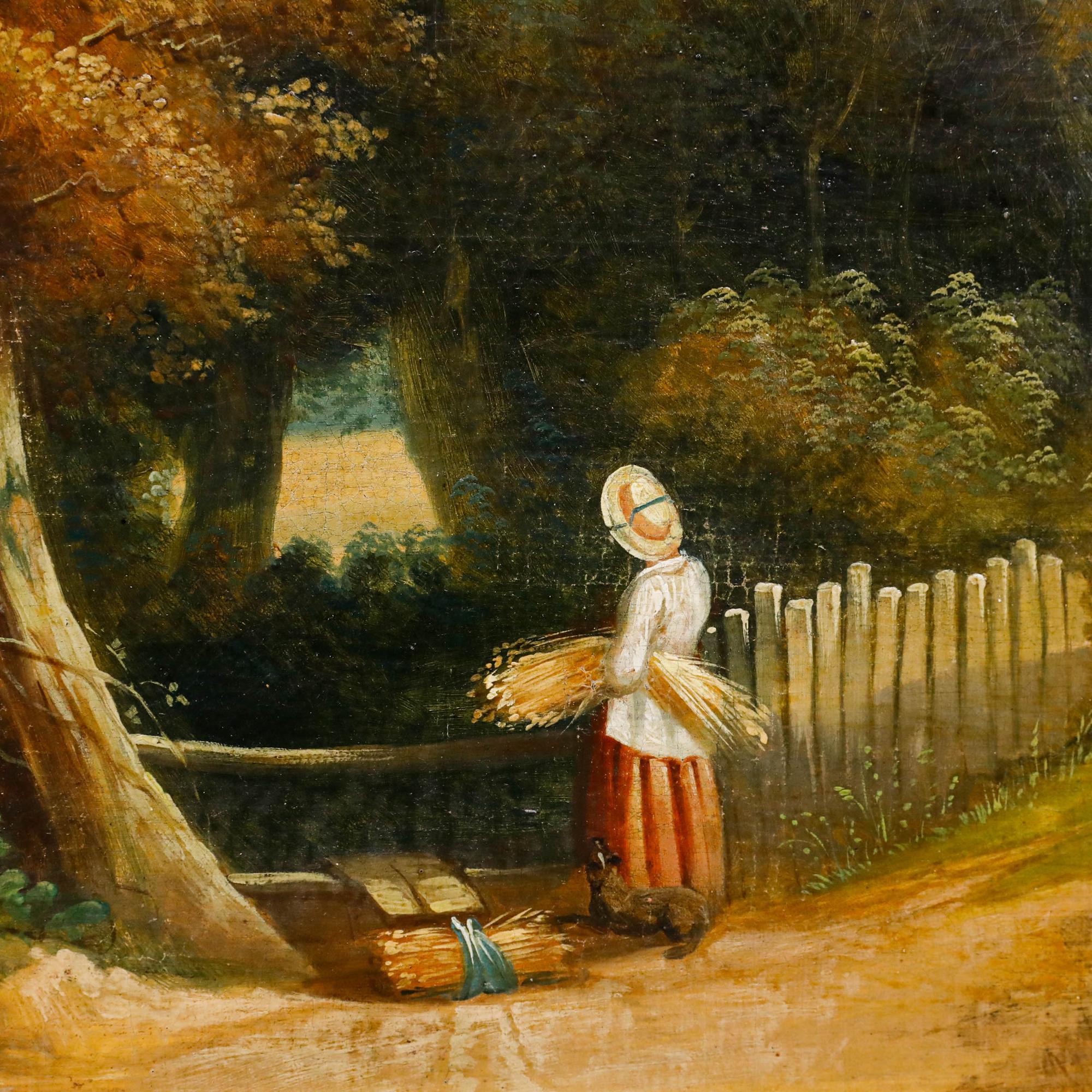 Eine Frau, die von einem Hund begleitet wird, blickt auf eine malerische ländliche Landschaft, in der mehrere Personen die Ernte einholen. In der Ferne ist der Turm einer Kirche zu sehen. Gut präsentiert in einem Rahmen mit Goldeffekt. Nicht