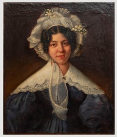 Antique English School  19th Century Oil - Women In The Lace Bonnet