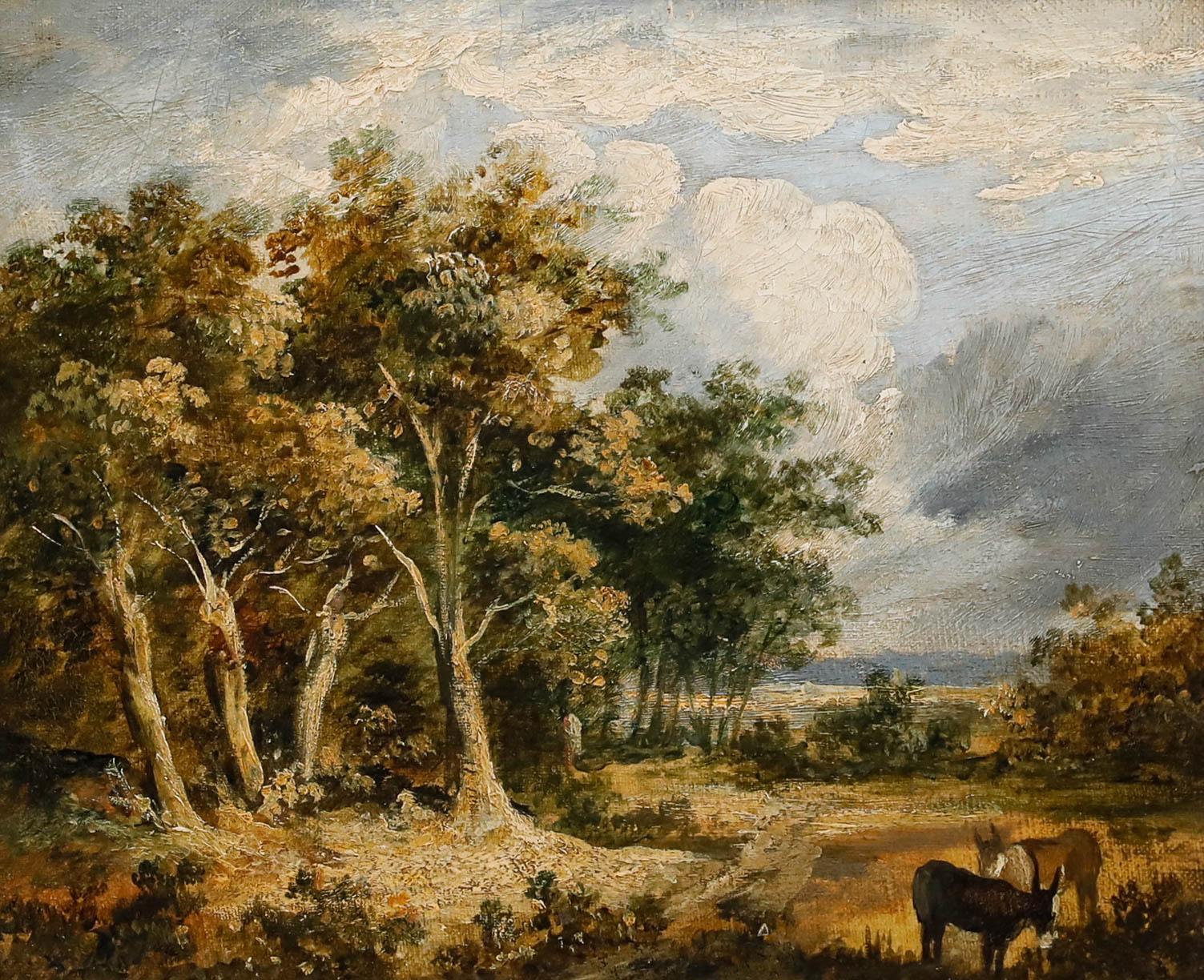 English School 19. Jahrhundert Öl - Bewaldete Landschaft mit Eseln – Painting von Unknown