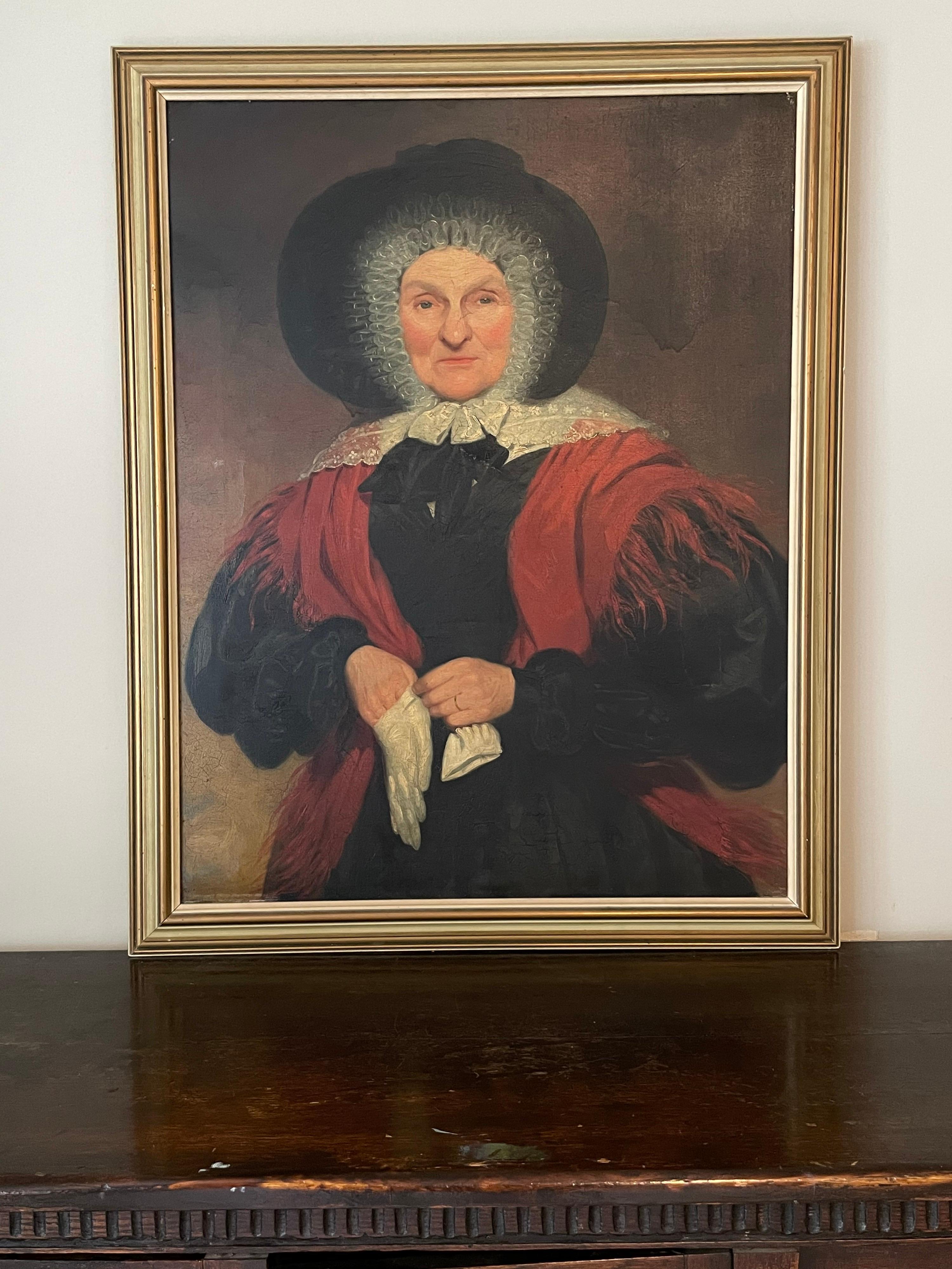 English School, c. 1830's Large Portrait of a Country Lady in Red Shawl - Painting by Unknown