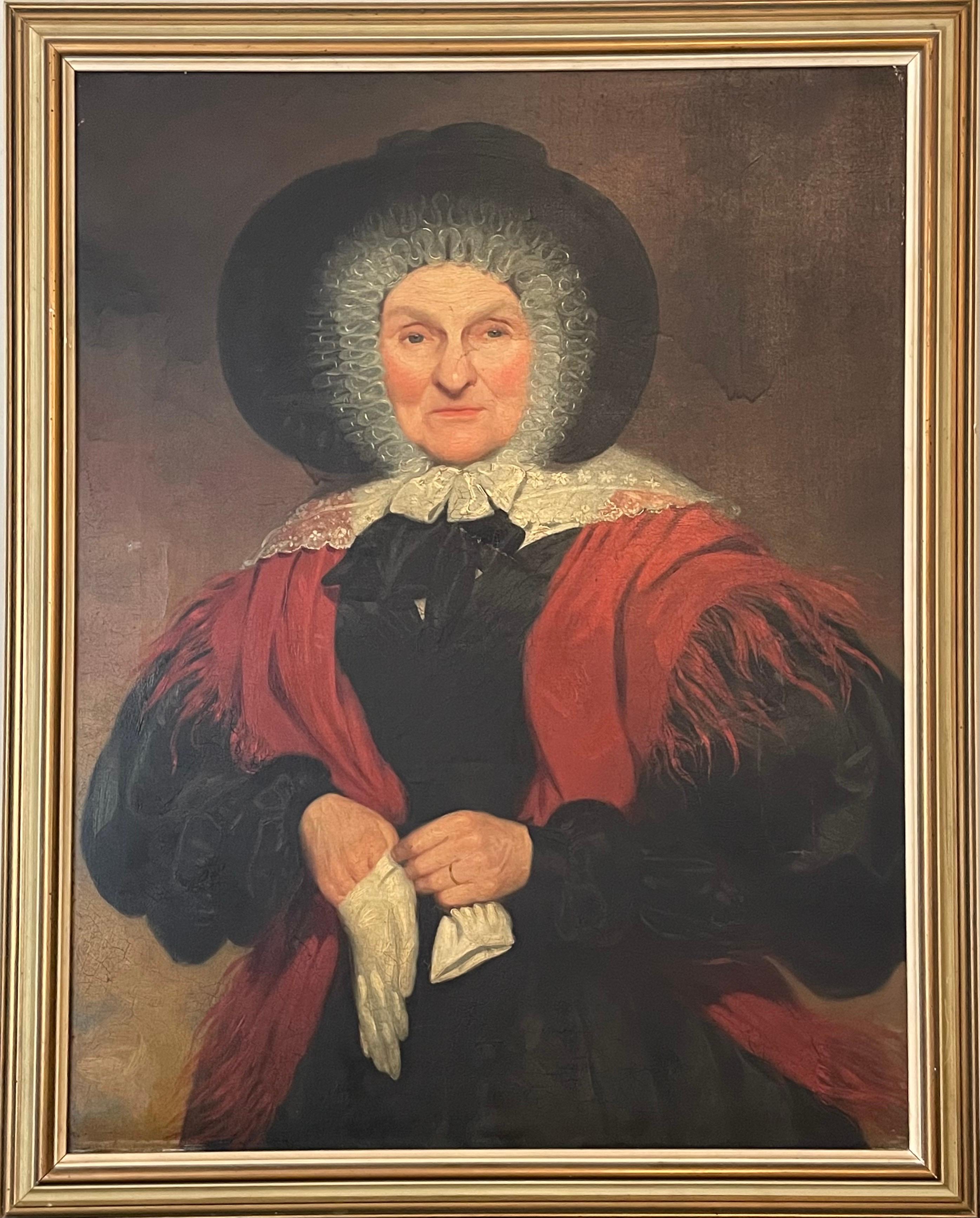 English School, c. 1830's Large Portrait of a Country Lady in Red Shawl
