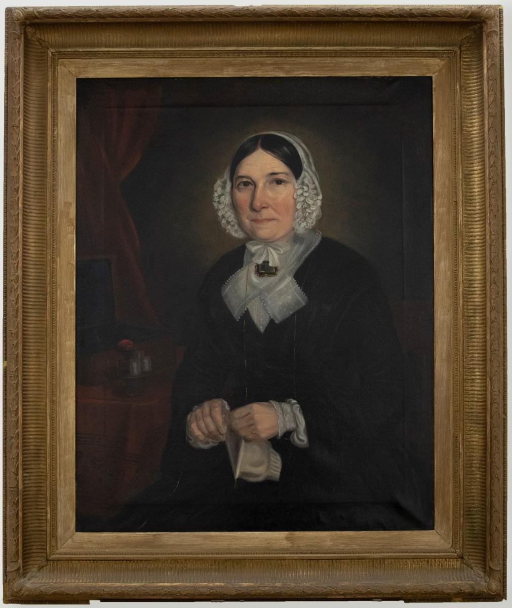 Unknown Portrait Painting - English School c. 1880 Oil, Original Frame- A Victorian Lady And Her Sewing Box