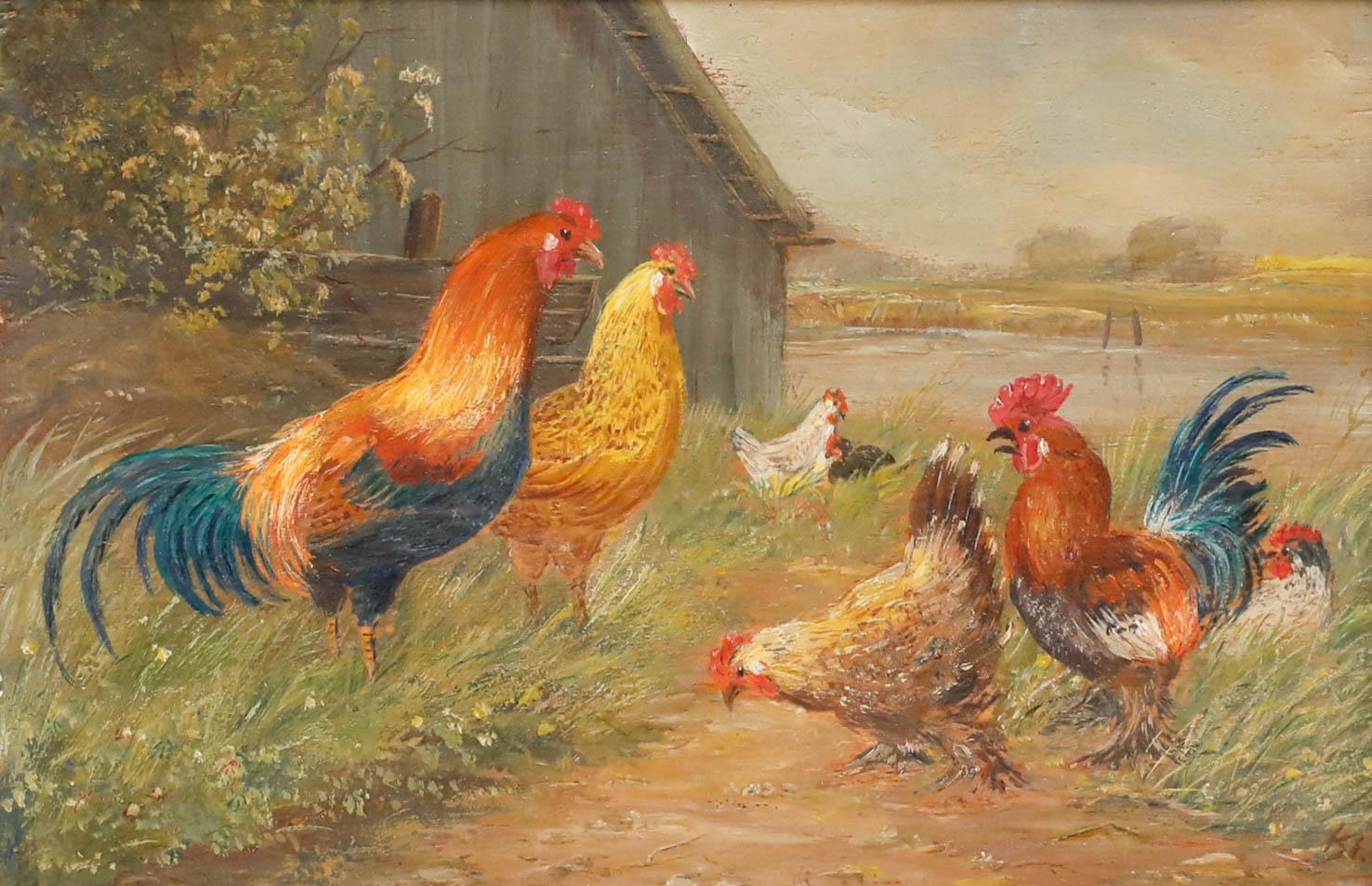 English School c.1920 Oil - Cockerels by The Barn - Painting by Unknown