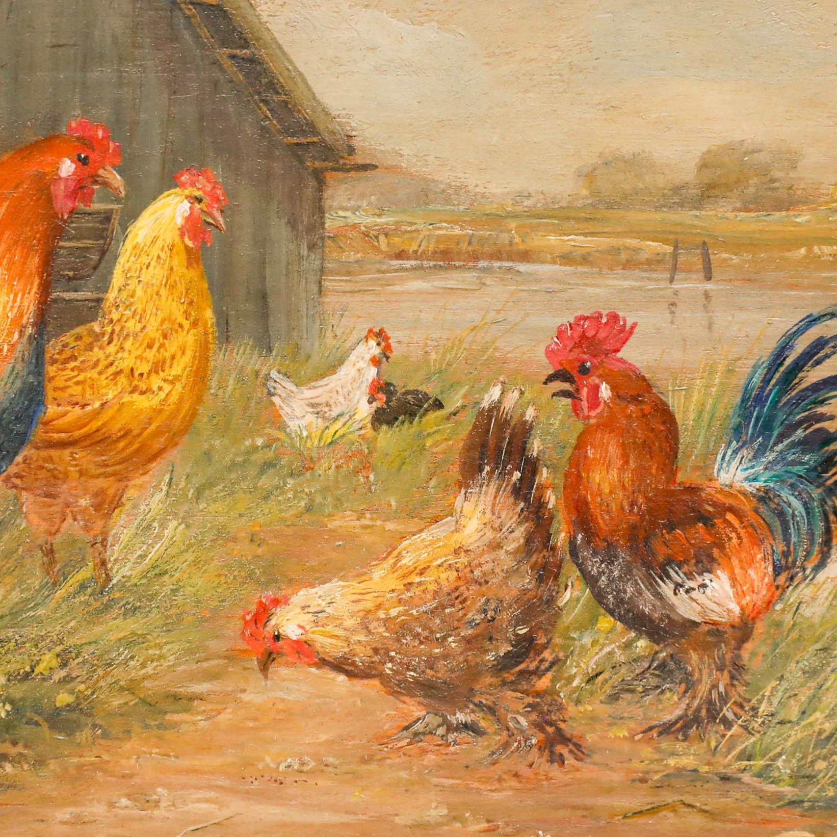 A charming depiction of cockerels and chickens outside a barn building. Signed to the lower right. Signed with a small monogram to the lower right. Presented in a black veneer frame. On panel.