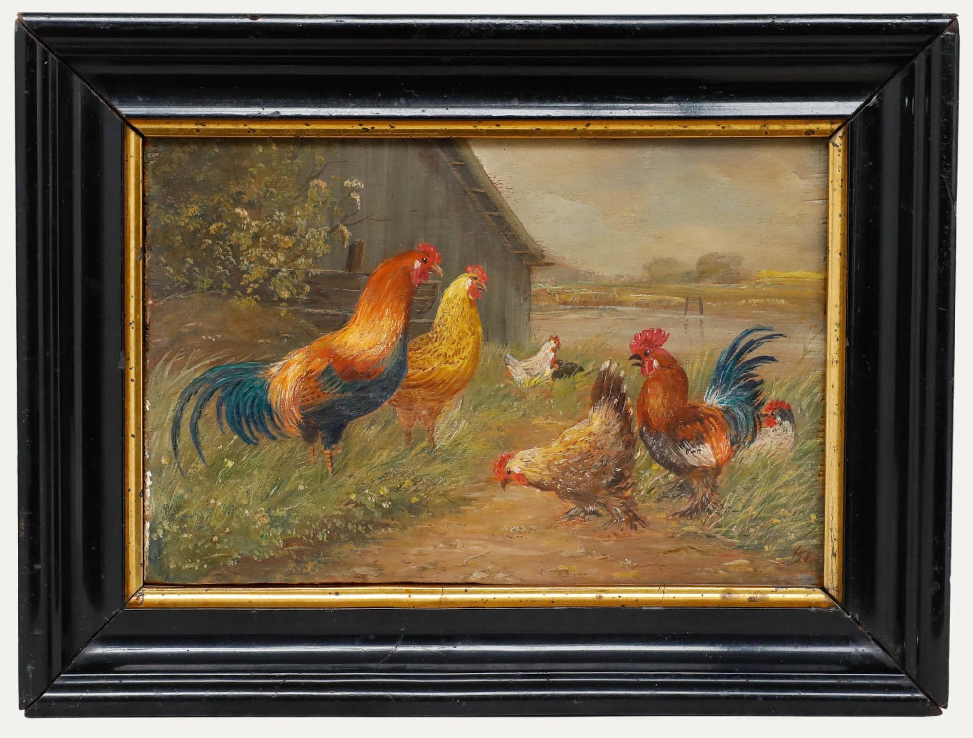 Unknown Animal Painting - English School c.1920 Oil - Cockerels by The Barn
