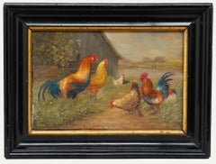 English School c.1920 Oil - Cockerels by The Barn