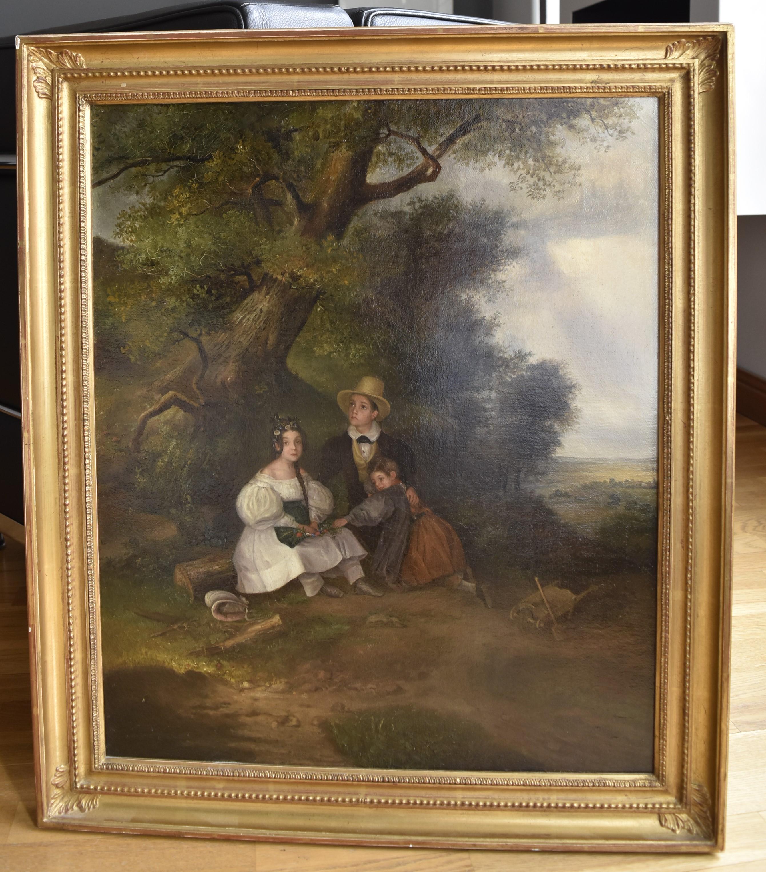 English School circa 1830, Children under the tree during a storm, Oil on canvas - Painting by Unknown